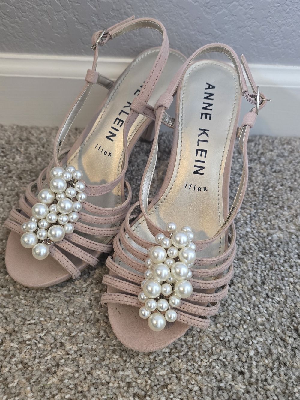 Anne Klein Blush Pink Pearl-Cluster Strappy Heels